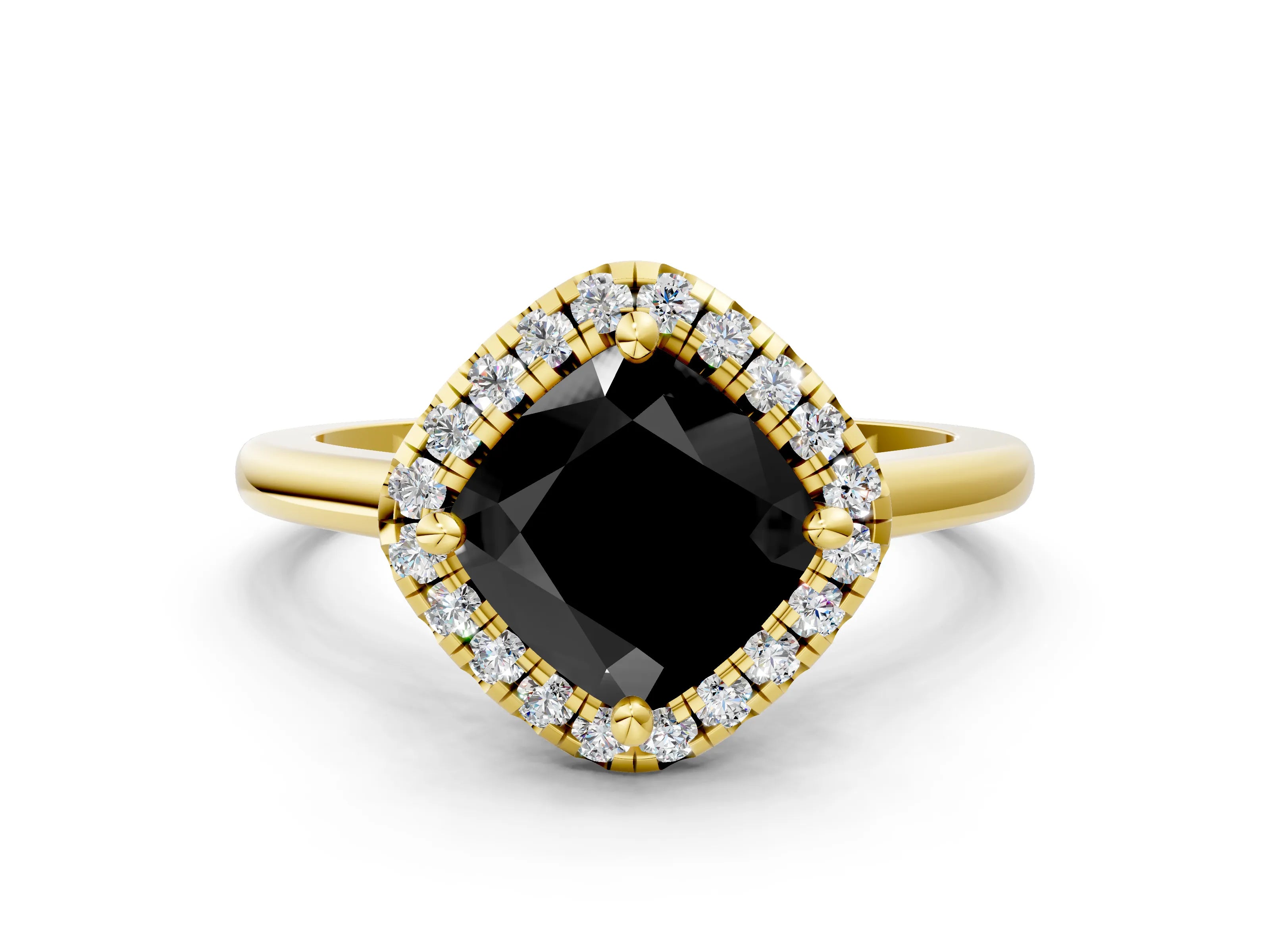 Yellow gold Fancy Black Cushion Cut Halo Round Diamond Solitaire Engagement Ring with Pave Band and Four-Prong Setting_12