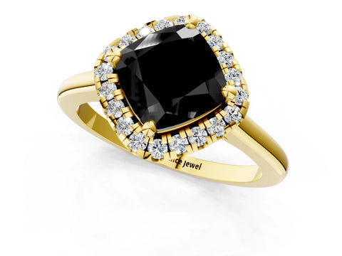 Yellow gold Fancy Black Cushion Cut Halo Round Diamond Solitaire Engagement Ring with Pave Band and Four-Prong Setting_13