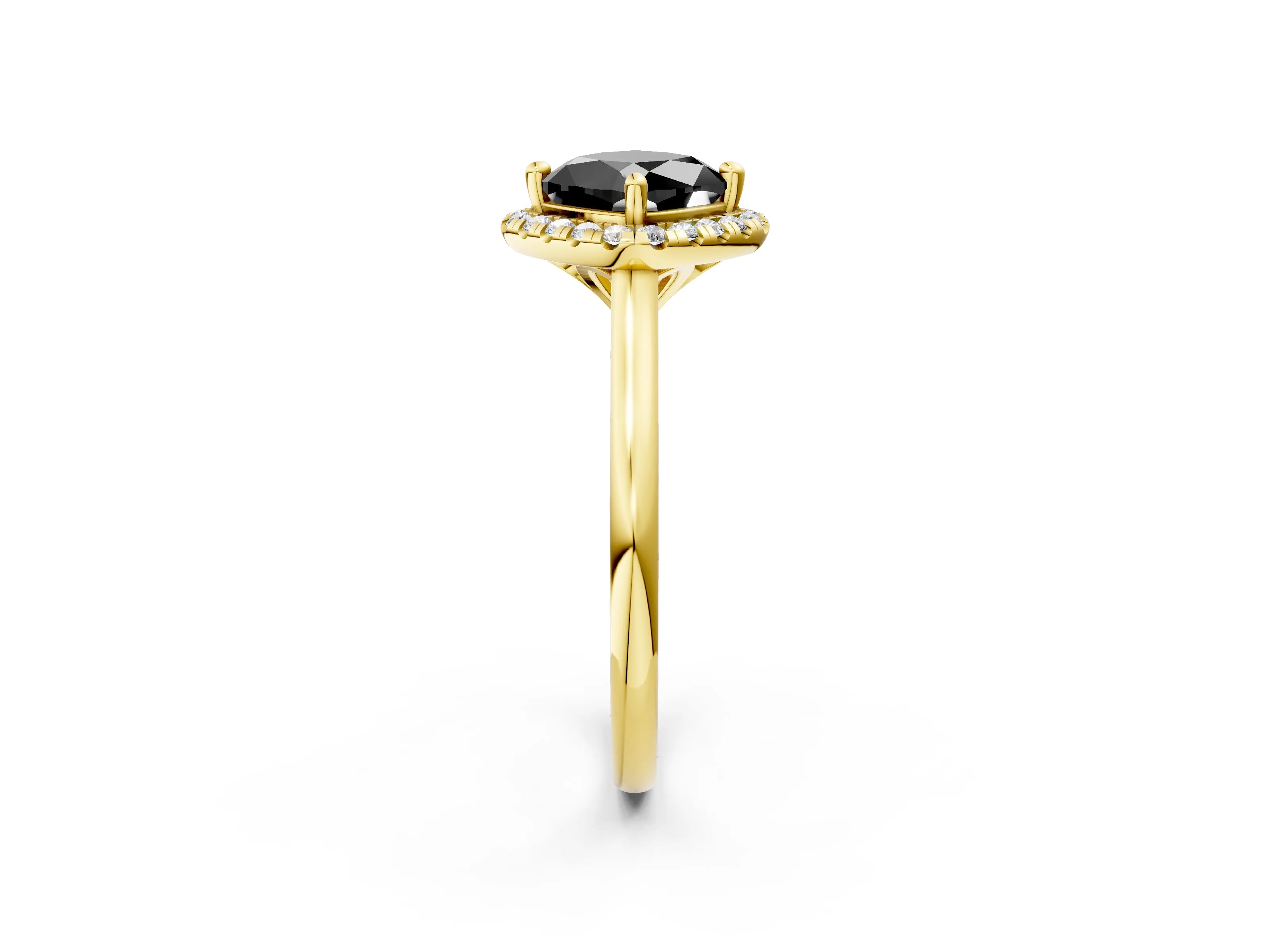 Yellow gold Fancy Black Cushion Cut Halo Round Diamond Solitaire Engagement Ring with Pave Band and Four-Prong Setting_14