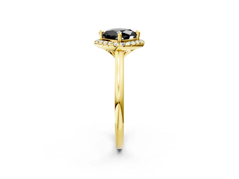 Yellow gold Fancy Black Cushion Cut Halo Round Diamond Solitaire Engagement Ring with Pave Band and Four-Prong Setting_14