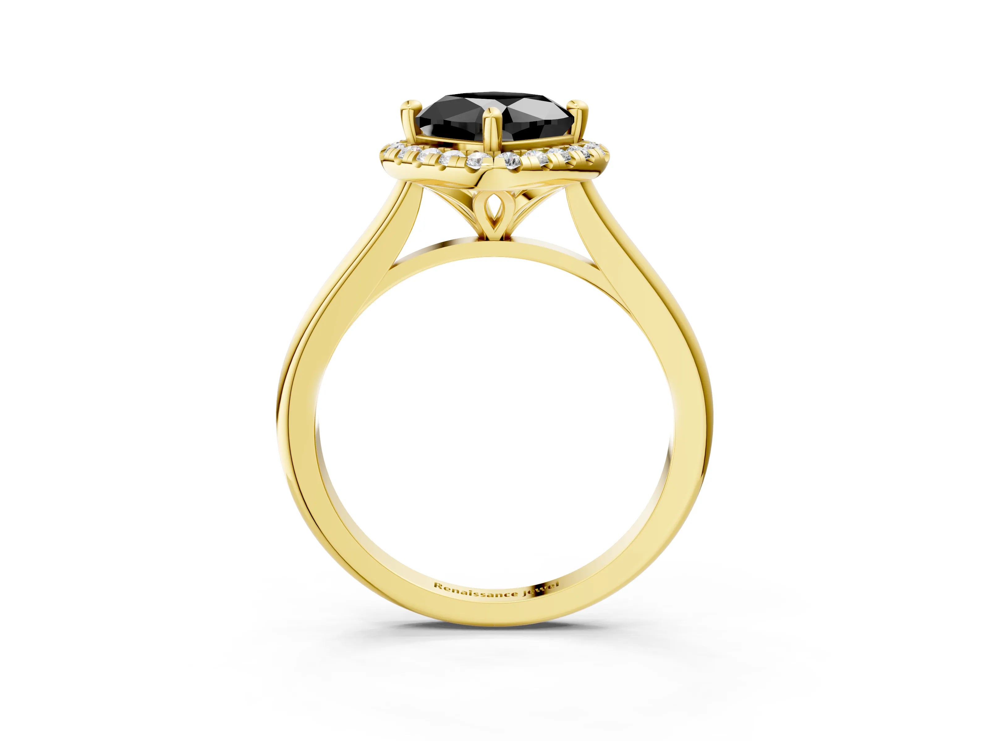 Yellow gold Fancy Black Cushion Cut Halo Round Diamond Solitaire Engagement Ring with Pave Band and Four-Prong Setting_15