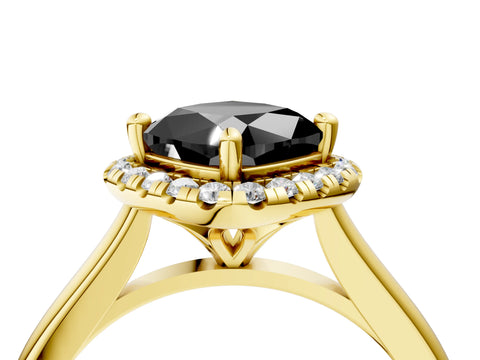 Yellow gold Fancy Black Cushion Cut Halo Round Diamond Solitaire Engagement Ring with Pave Band and Four-Prong Setting_16