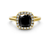 Yellow gold Fancy Black Cushion Cut Halo Round Diamond Solitaire Ring with Pavé Band and Four-Prong Setting_12