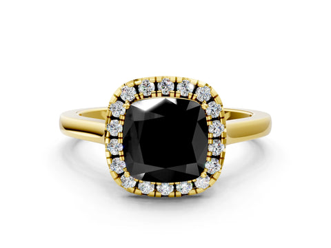 Yellow gold Fancy Black Cushion Cut Halo Round Diamond Solitaire Ring with Pavé Band and Four-Prong Setting_12