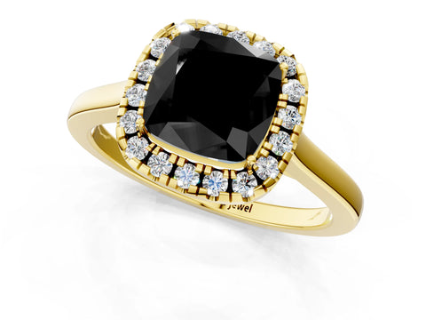 Yellow gold Fancy Black Cushion Cut Halo Round Diamond Solitaire Ring with Pavé Band and Four-Prong Setting_13