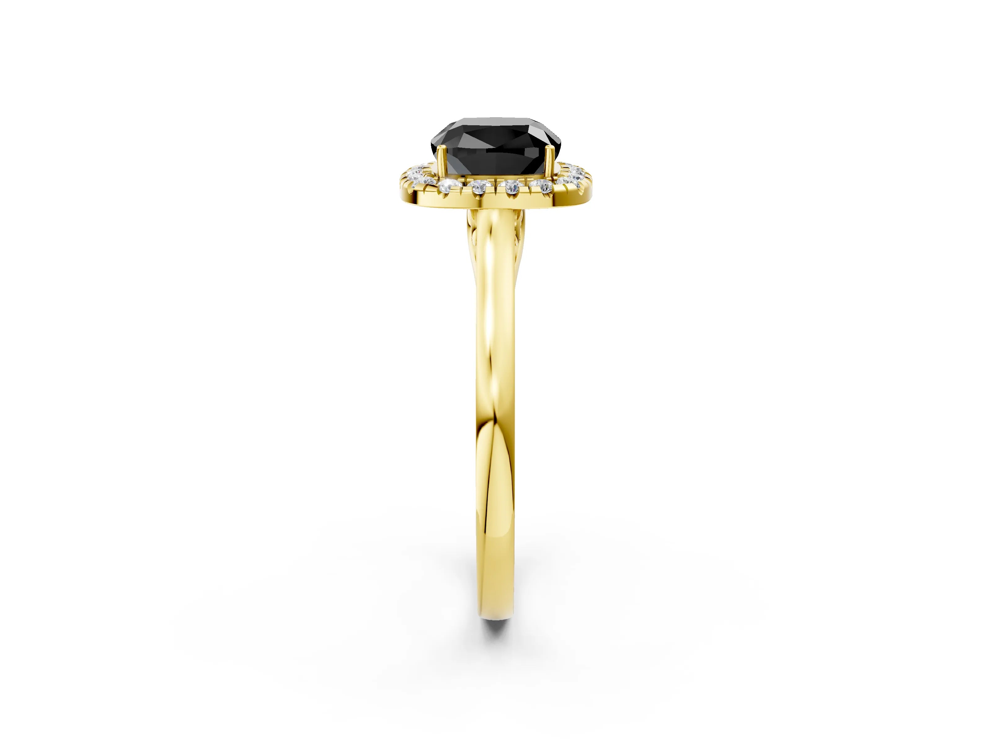 Yellow gold Fancy Black Cushion Cut Halo Round Diamond Solitaire Ring with Pavé Band and Four-Prong Setting_14