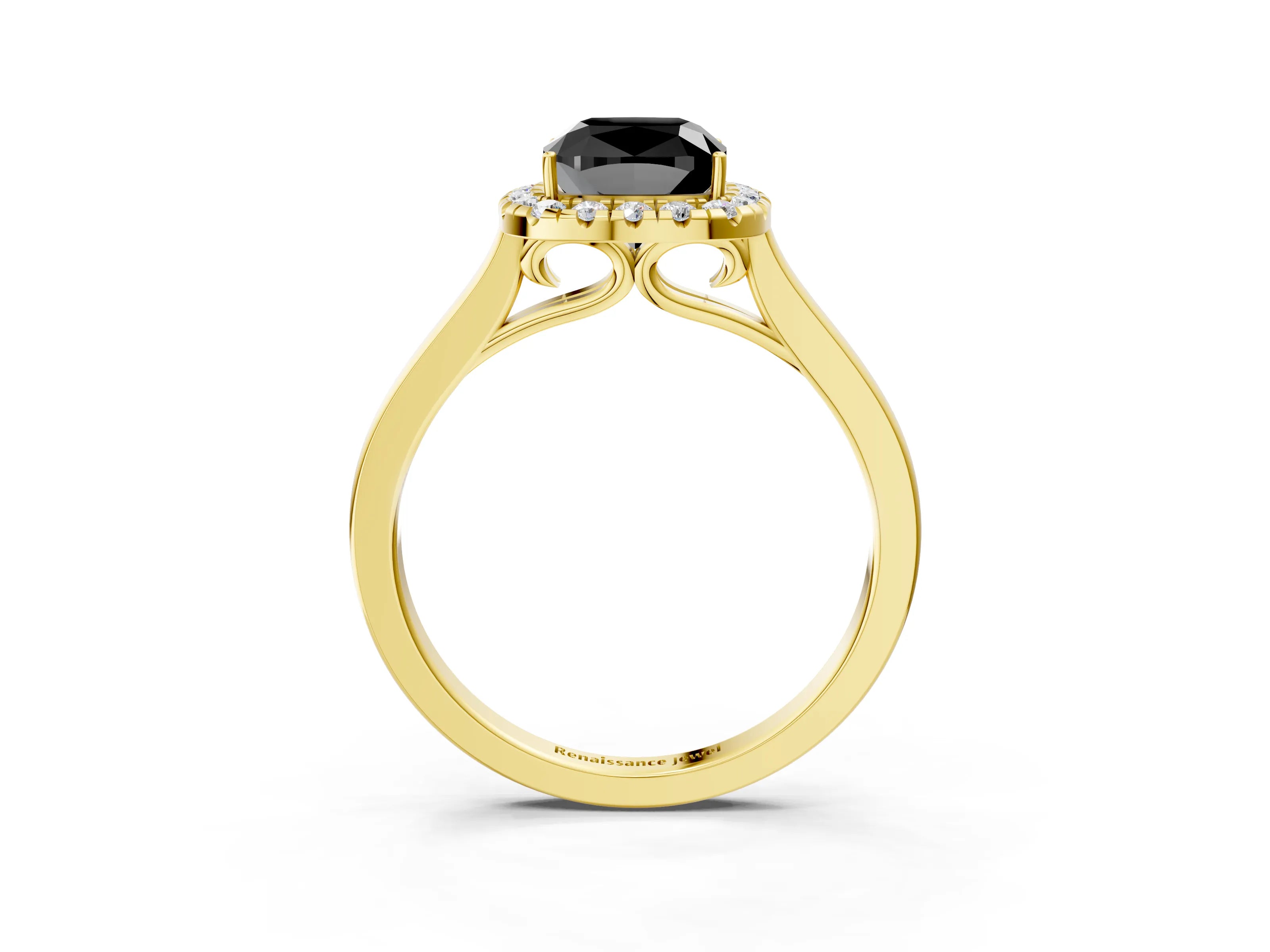 Yellow gold Fancy Black Cushion Cut Halo Round Diamond Solitaire Ring with Pavé Band and Four-Prong Setting_15