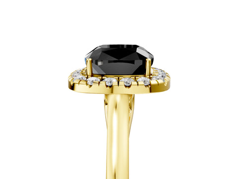 Yellow gold Fancy Black Cushion Cut Halo Round Diamond Solitaire Ring with Pavé Band and Four-Prong Setting_17