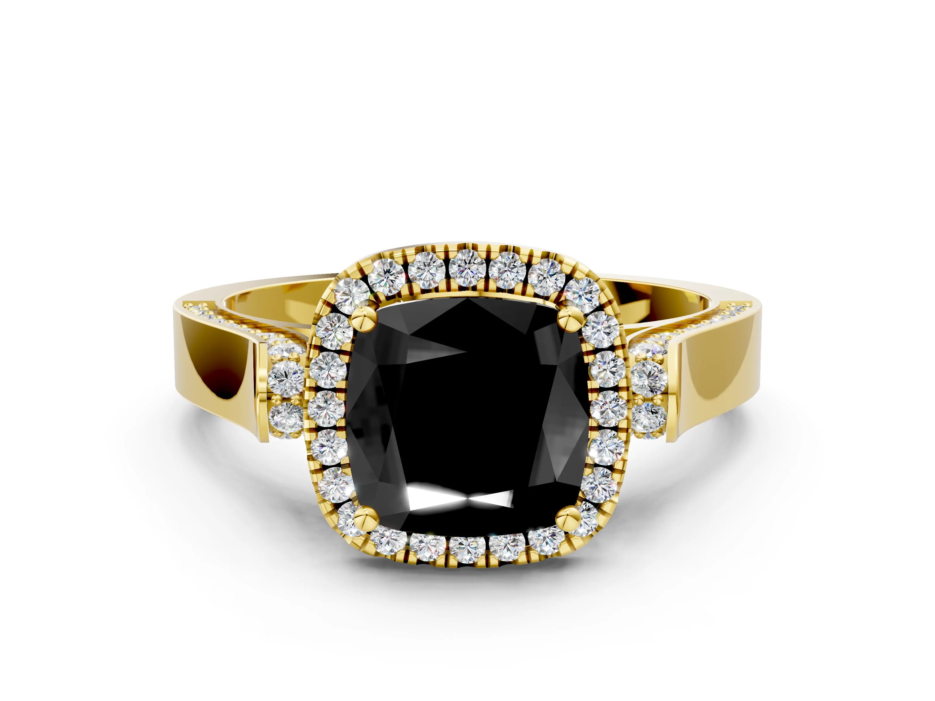 Yellow gold Fancy Black Cushion Cut Halo Round Diamond Twist Band with Four-Prong Setting