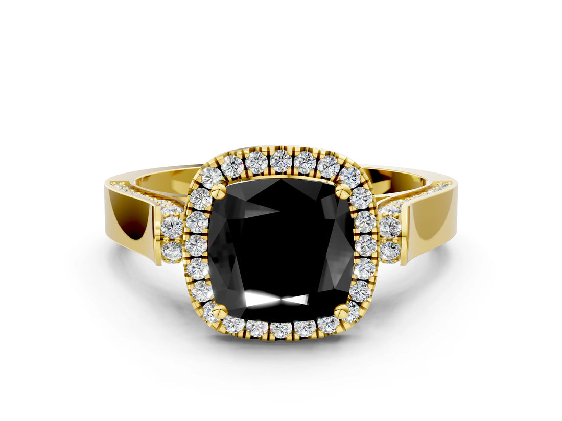 Yellow gold Fancy Black Cushion Cut Halo Round Diamond Twist Band with Four-Prong Setting