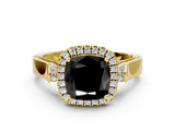 Yellow gold Fancy Black Cushion Cut Halo Round Diamond Twist Band with Four-Prong Setting