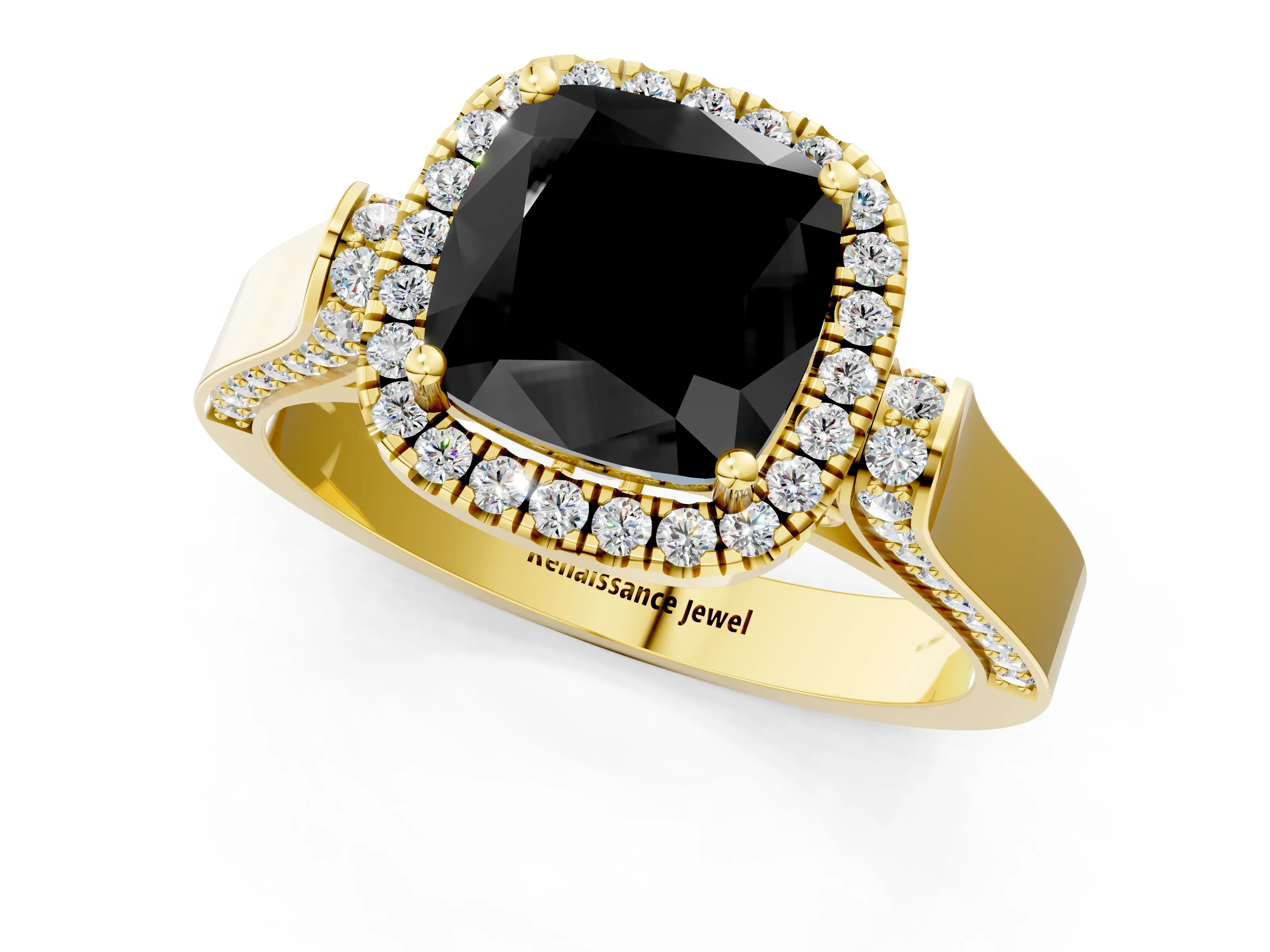 Yellow gold Fancy Black Cushion Cut Halo Round Diamond Twist Band with Four-Prong Setting_1