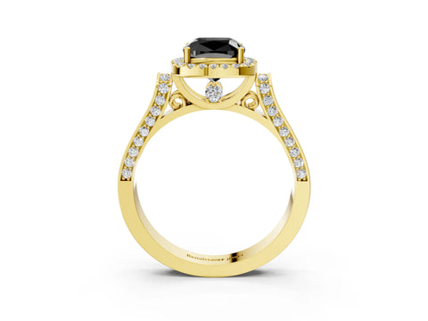 Yellow gold Fancy Black Cushion Cut Halo Round Diamond Twist Band with Four-Prong Setting_3