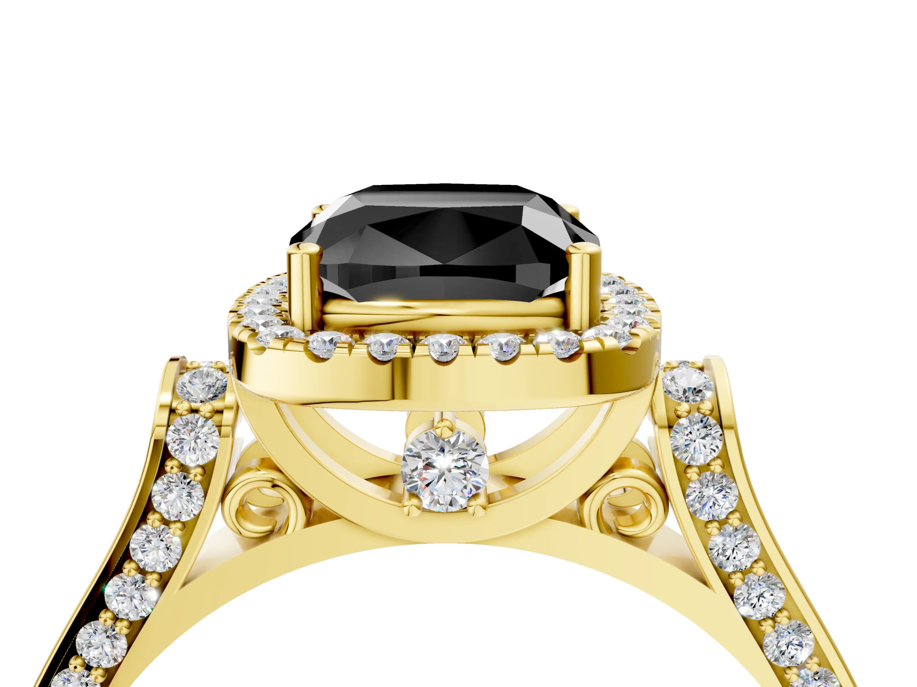 Yellow gold Fancy Black Cushion Cut Halo Round Diamond Twist Band with Four-Prong Setting_4