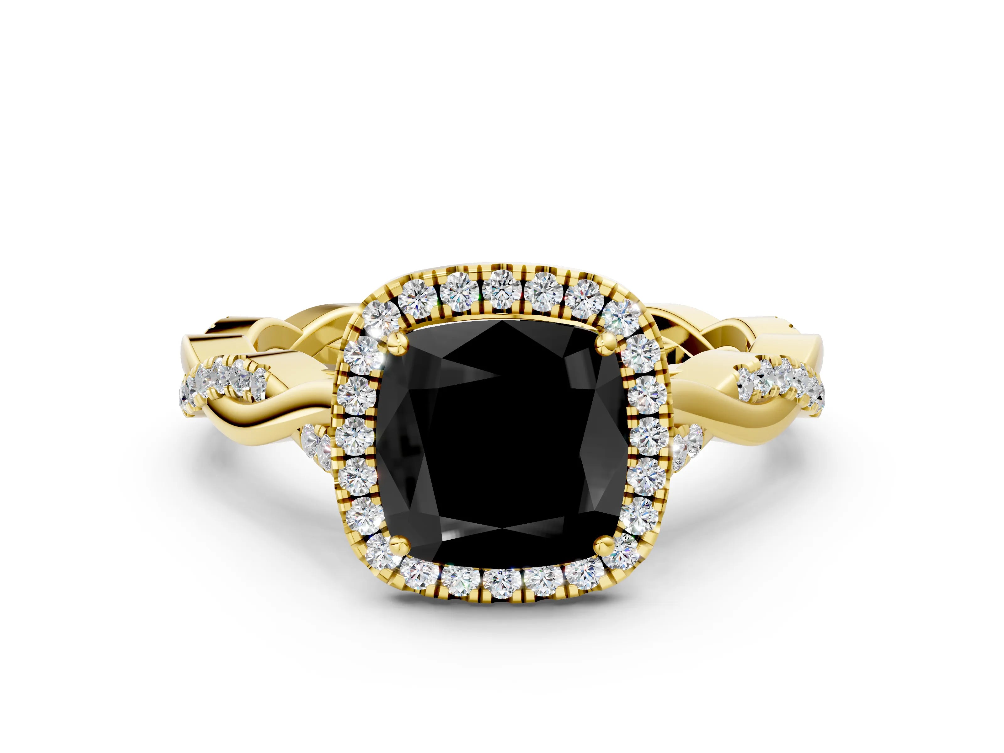 Yellow gold Fancy Black Cushion Cut Halo Twist Band with Four-Prong Setting
