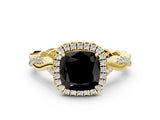 Yellow gold Fancy Black Cushion Cut Halo Twist Band with Four-Prong Setting