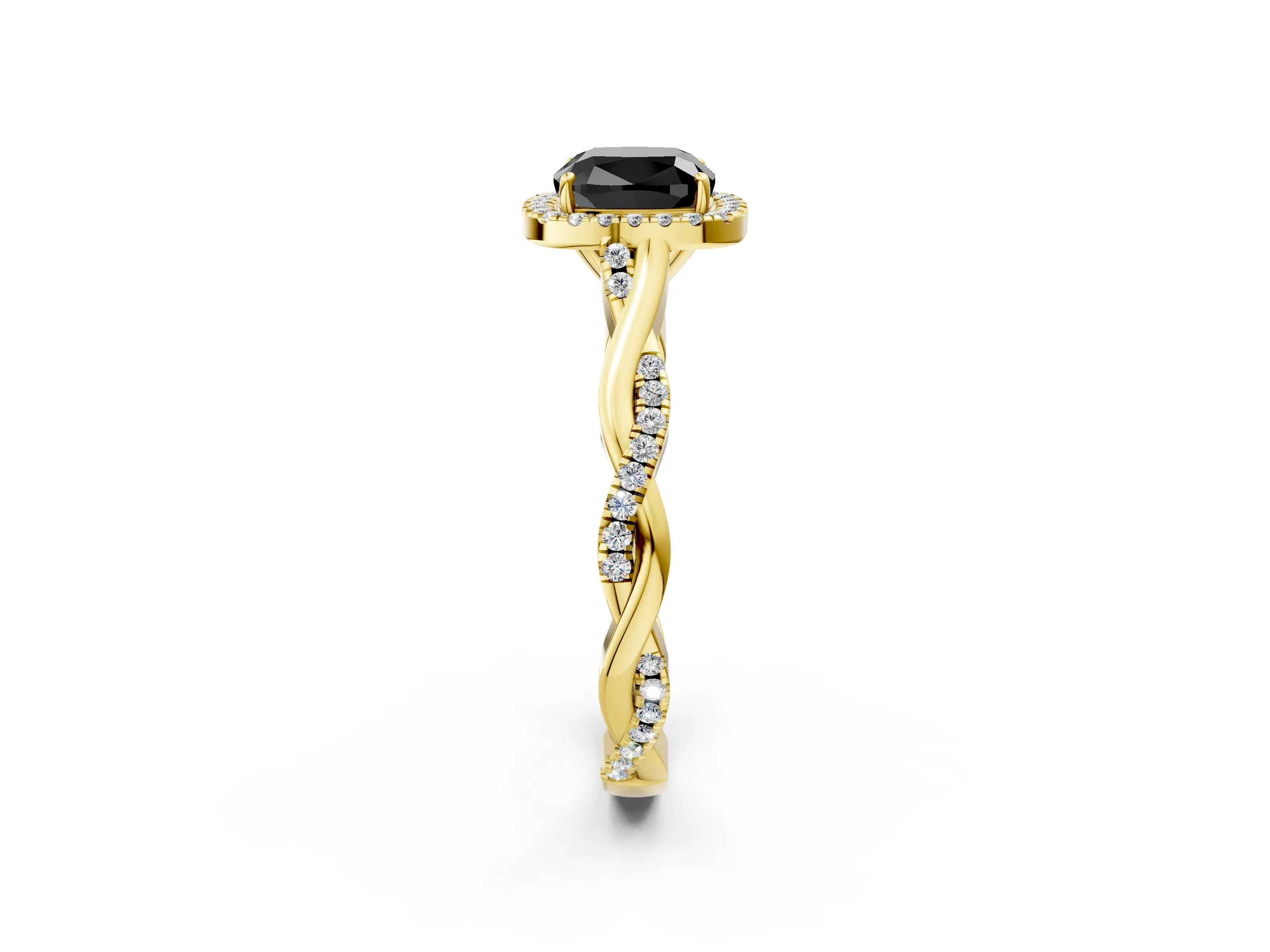 Yellow gold Fancy Black Cushion Cut Halo Twist Band with Four-Prong Setting_2