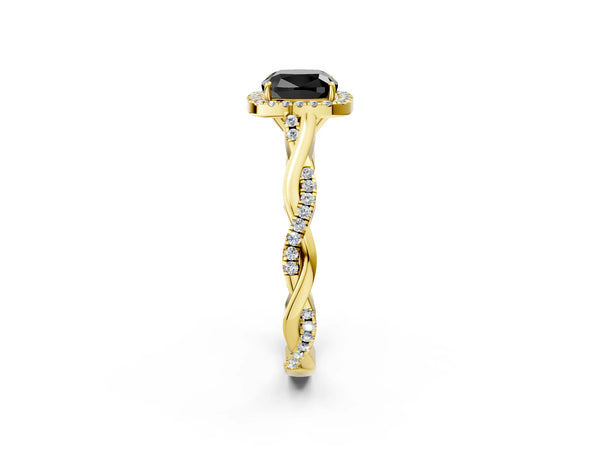 Yellow Gold Cushion Cut Interwoven Twist Halo Engagement Ring Setting for Black Center