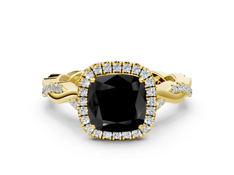 Yellow gold Fancy Black Cushion Cut Halo Twist Band with Four-Prong Setting