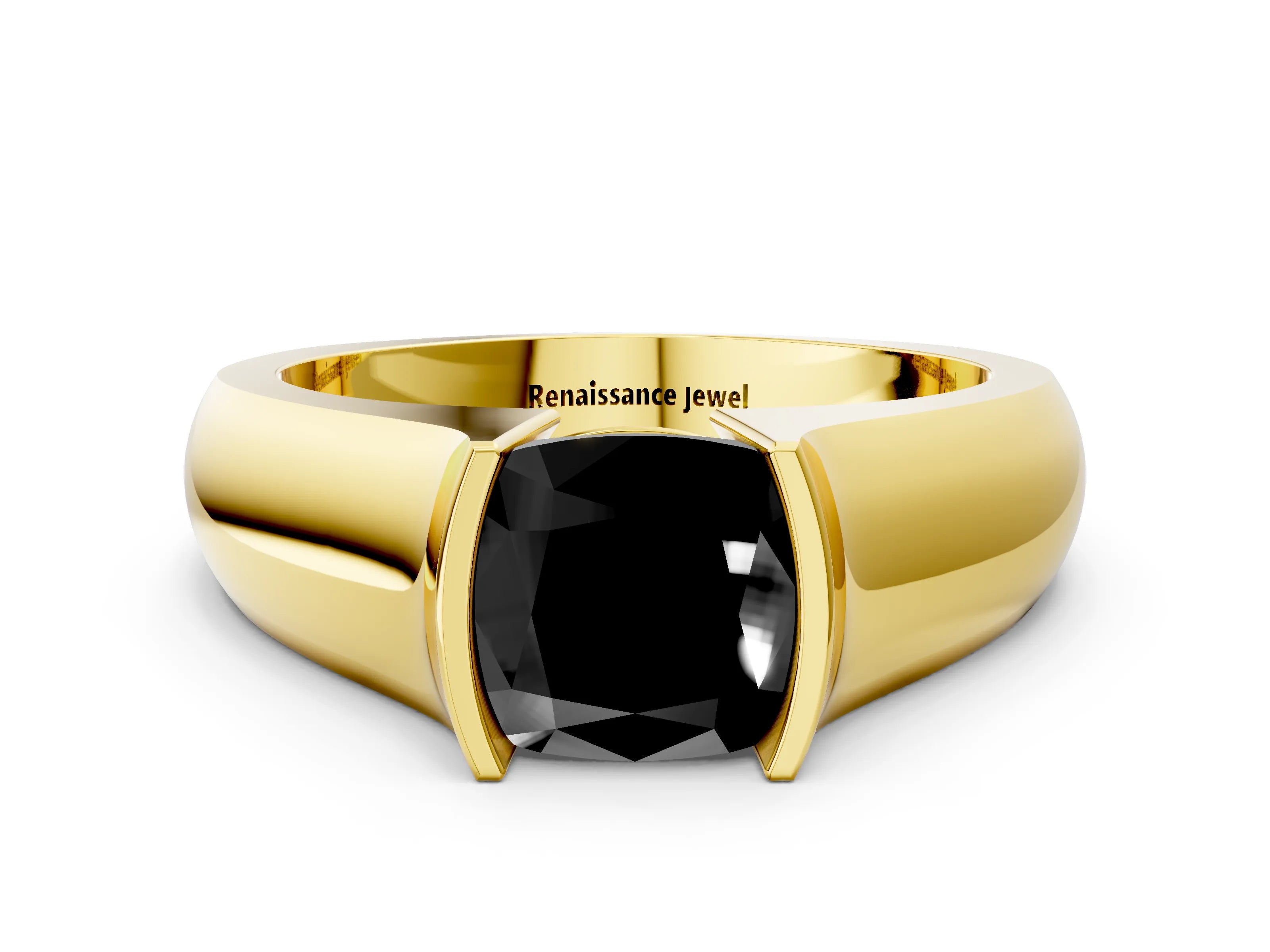 Yellow gold Fancy Black Cushion Cut Solitaire Bezel Set Diamond Ring with Wide Band