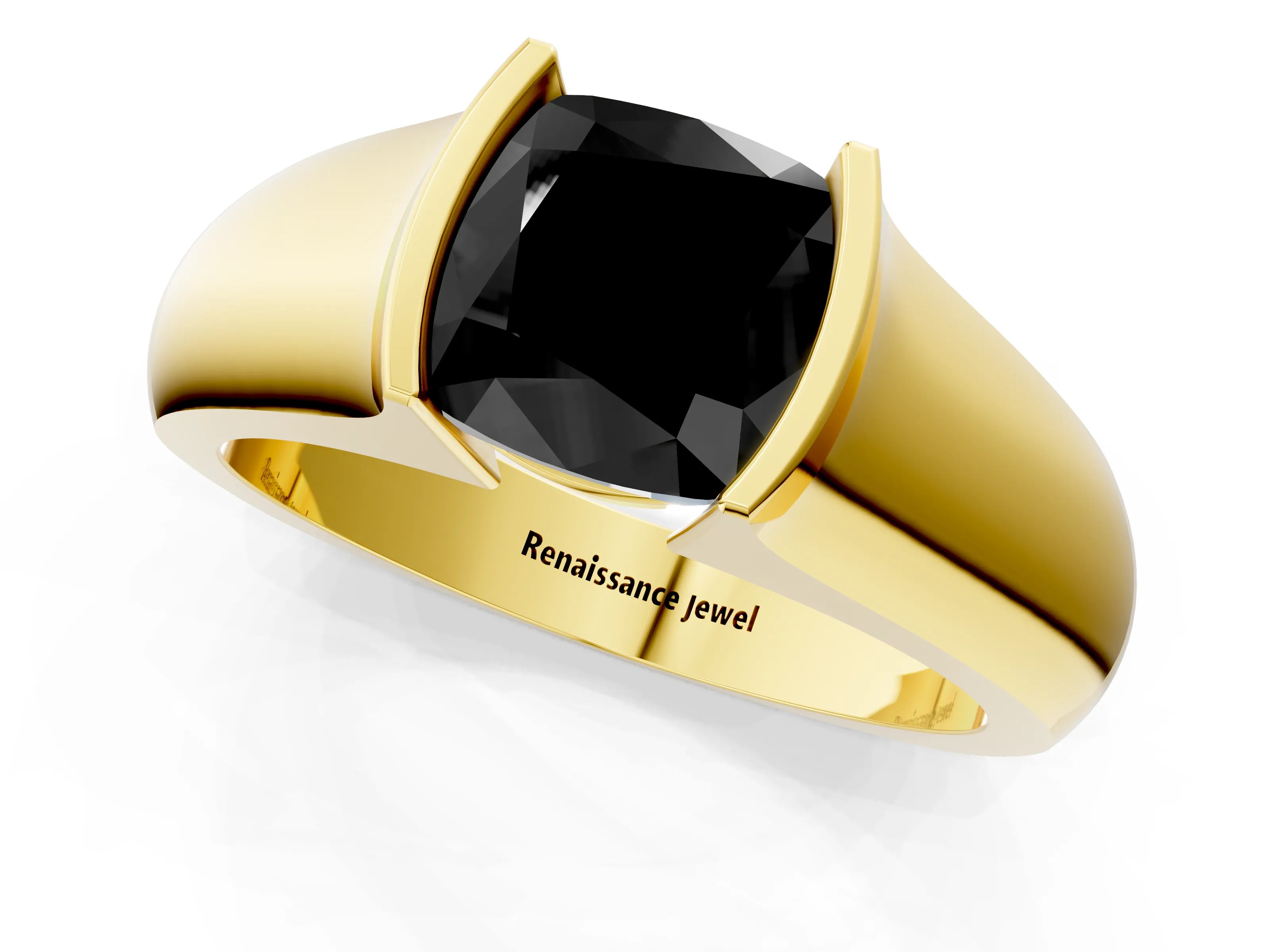 Yellow gold Fancy Black Cushion Cut Solitaire Bezel Set Diamond Ring with Wide Band_1
