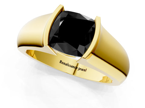 Yellow gold Fancy Black Cushion Cut Solitaire Bezel Set Diamond Ring with Wide Band_1
