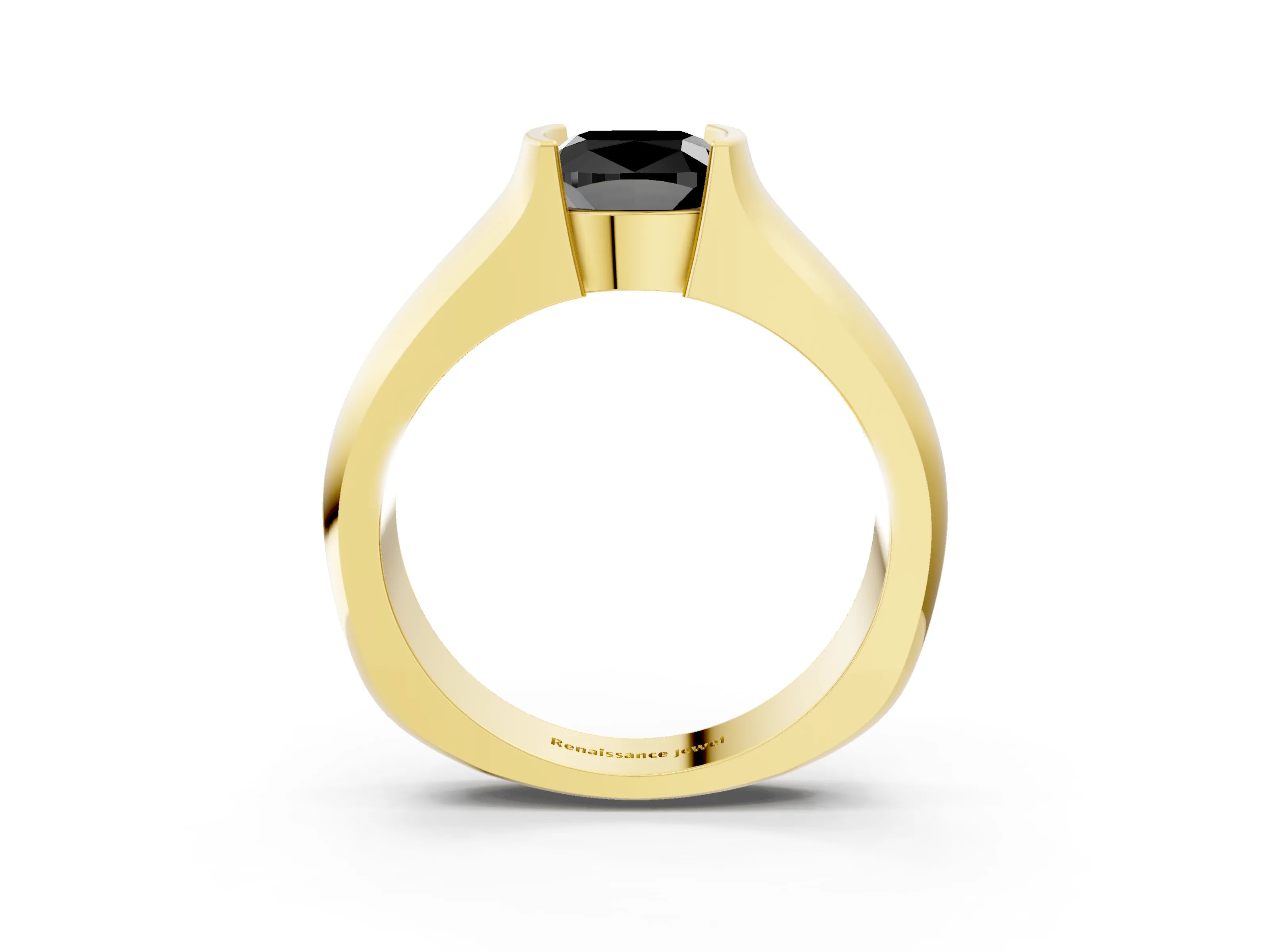 Yellow gold Fancy Black Cushion Cut Solitaire Bezel Set Diamond Ring with Wide Band_3