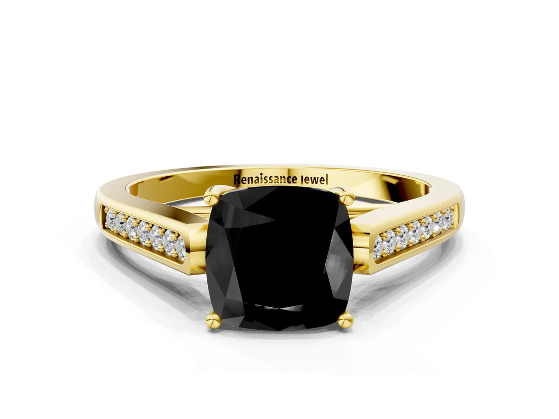Yellow gold Fancy Black Cushion Cut Solitaire Cathedral Diamond Engagement Ring with Channel-Set Band and Four-Prong Setting_3