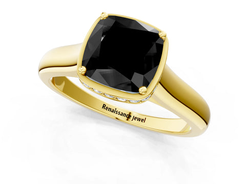 Yellow gold Fancy Black Cushion Cut Solitaire Diamond Engagement Ring with Four-Prong Setting and Tapered Band_1