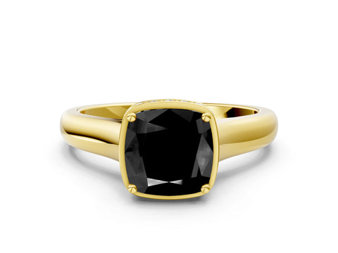 Yellow gold Fancy Black Cushion Cut Solitaire Diamond Engagement Ring with Four-Prong Setting and Tapered Band