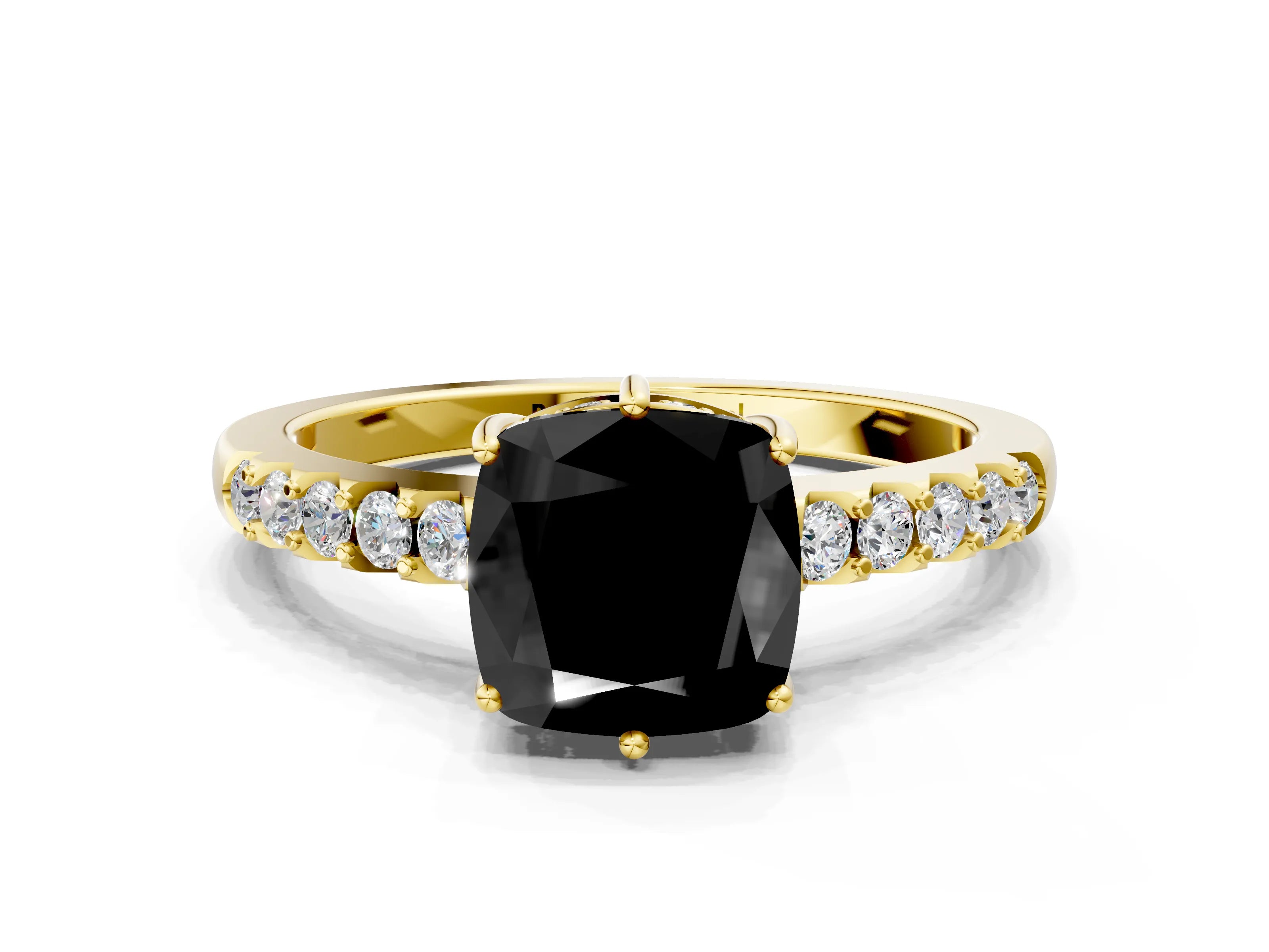 Yellow gold Fancy Black Cushion Cut Solitaire Diamond Engagement Ring with Pavé Band and Six-Prong Setting_12