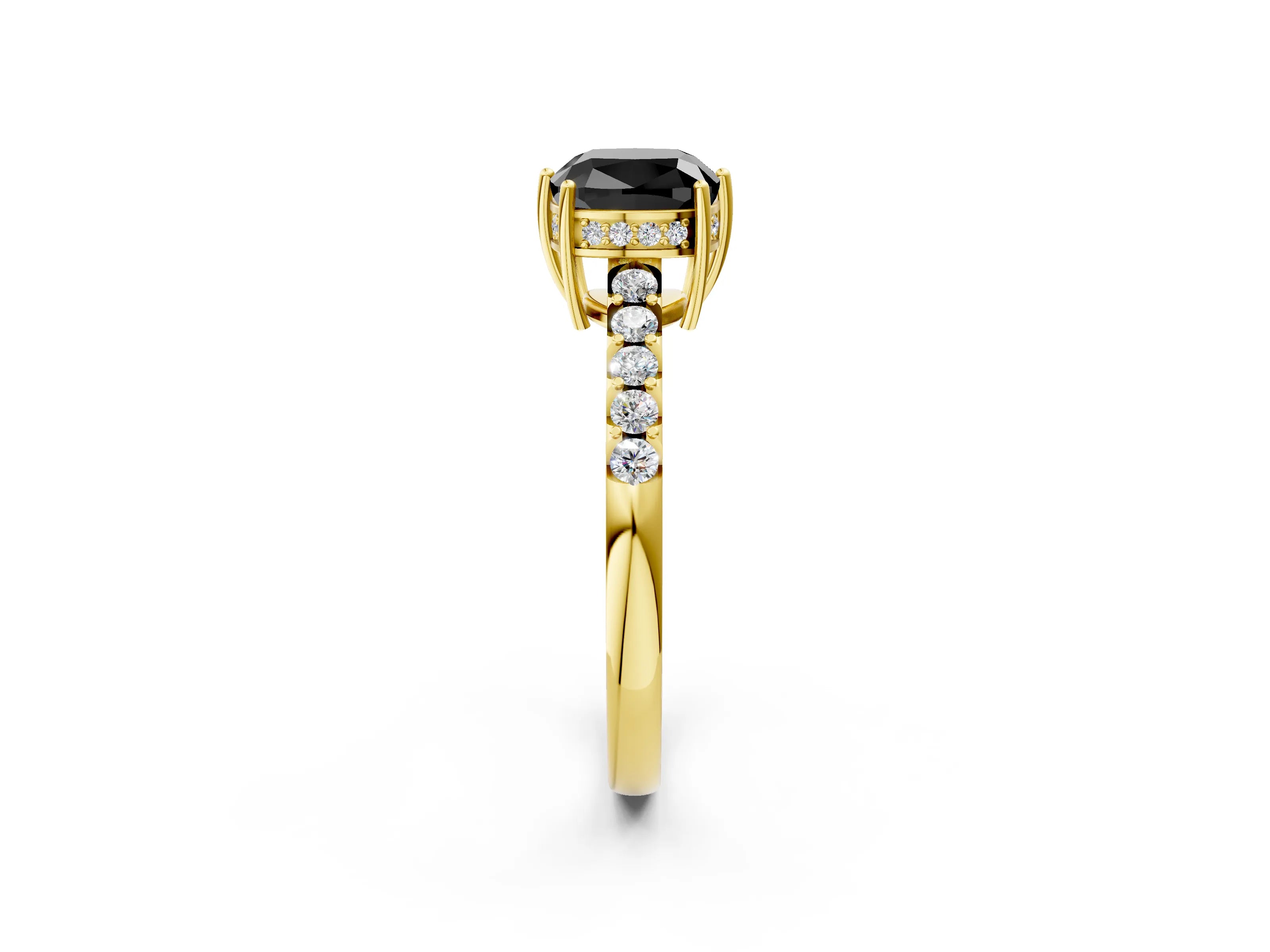 Yellow gold Fancy Black Cushion Cut Solitaire Diamond Engagement Ring with Pavé Band and Six-Prong Setting_14