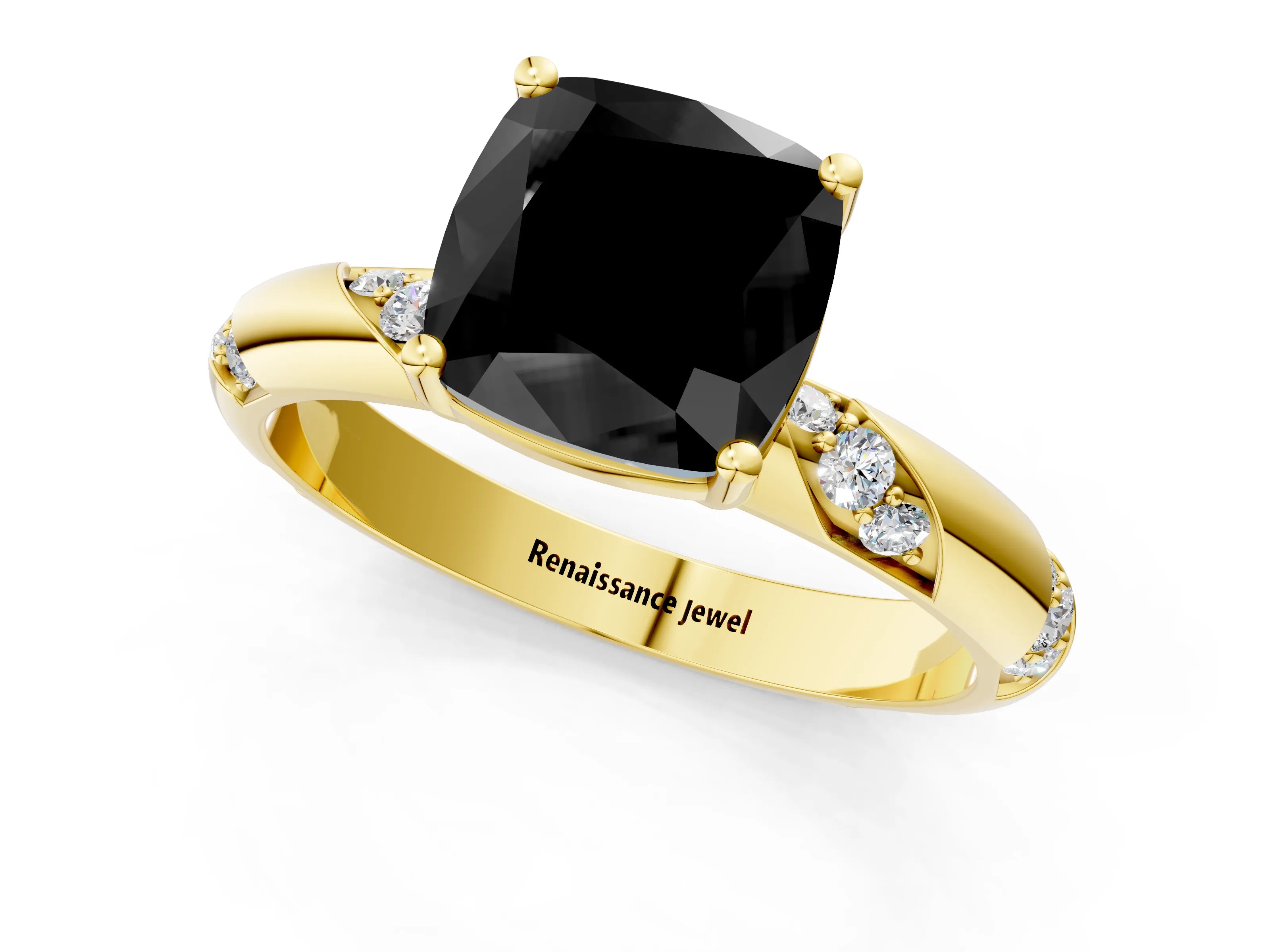 Yellow gold Fancy Black Cushion Cut Solitaire Diamond Engagement Ring with Twisted Pave Band and Four-Prong Setting_4