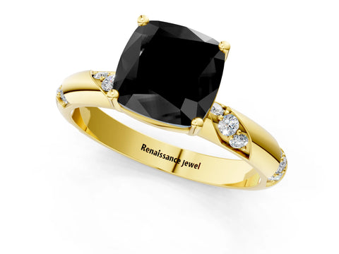 Yellow gold Fancy Black Cushion Cut Solitaire Diamond Engagement Ring with Twisted Pave Band and Four-Prong Setting_4