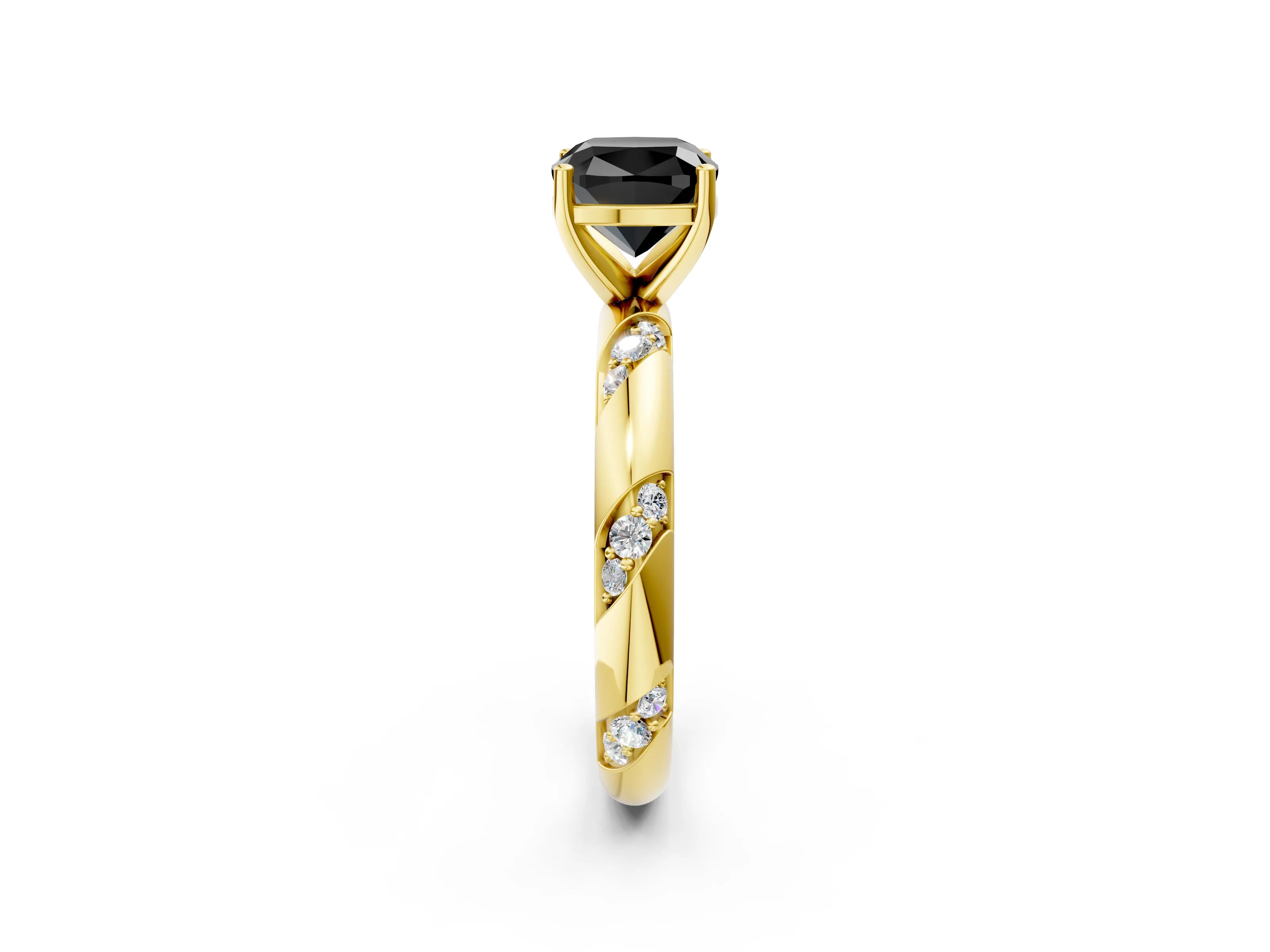 Yellow gold Fancy Black Cushion Cut Solitaire Diamond Engagement Ring with Twisted Pave Band and Four-Prong Setting_5