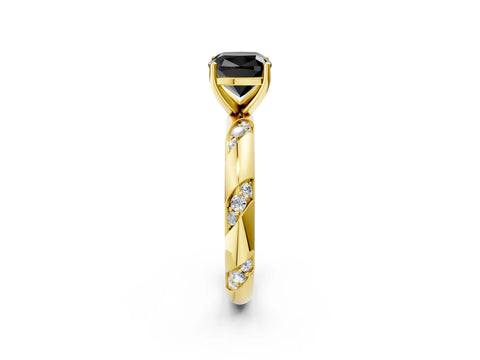 Yellow gold Fancy Black Cushion Cut Solitaire Diamond Engagement Ring with Twisted Pave Band and Four-Prong Setting_5