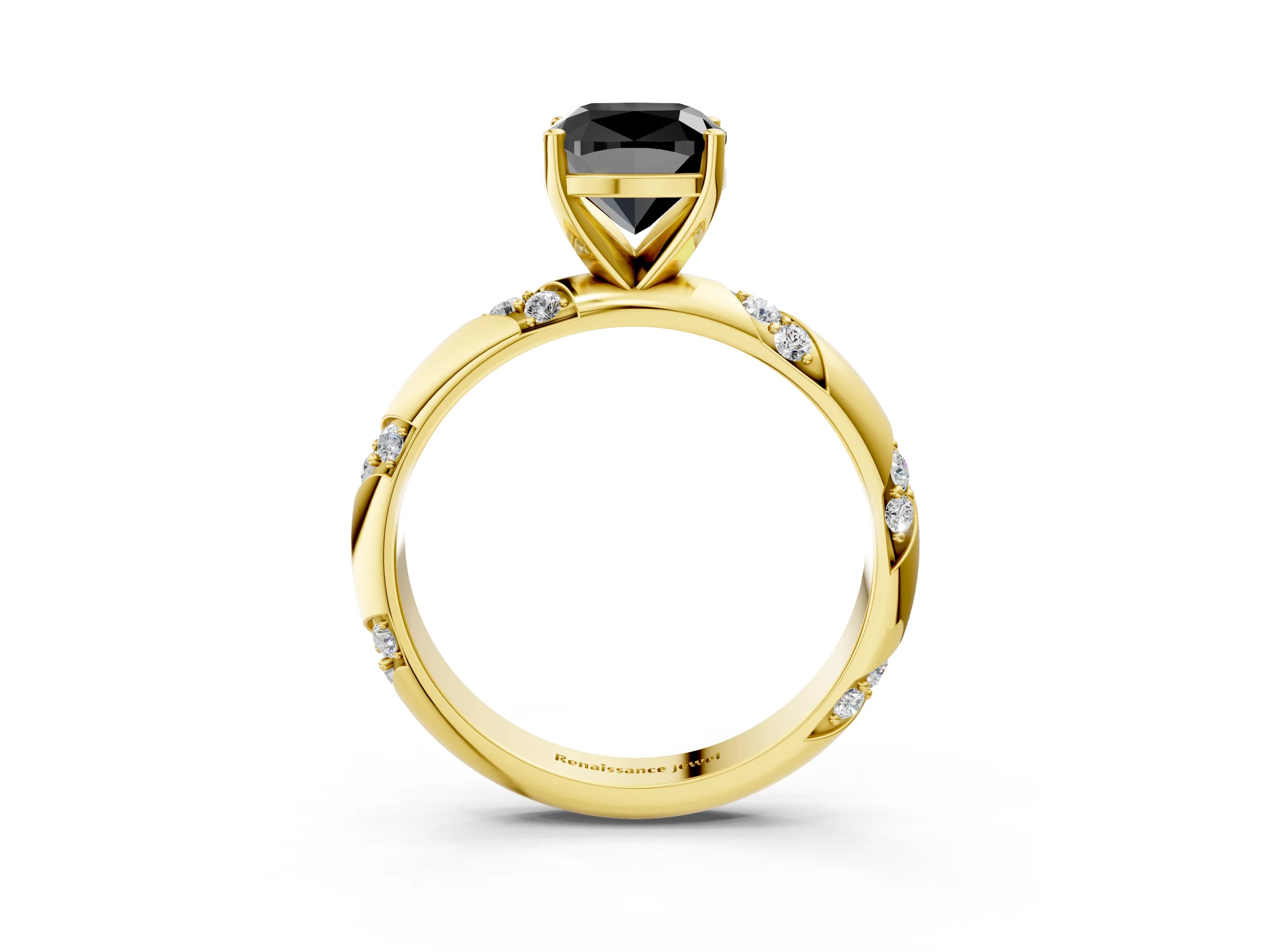 Yellow gold Fancy Black Cushion Cut Solitaire Diamond Engagement Ring with Twisted Pave Band and Four-Prong Setting_6