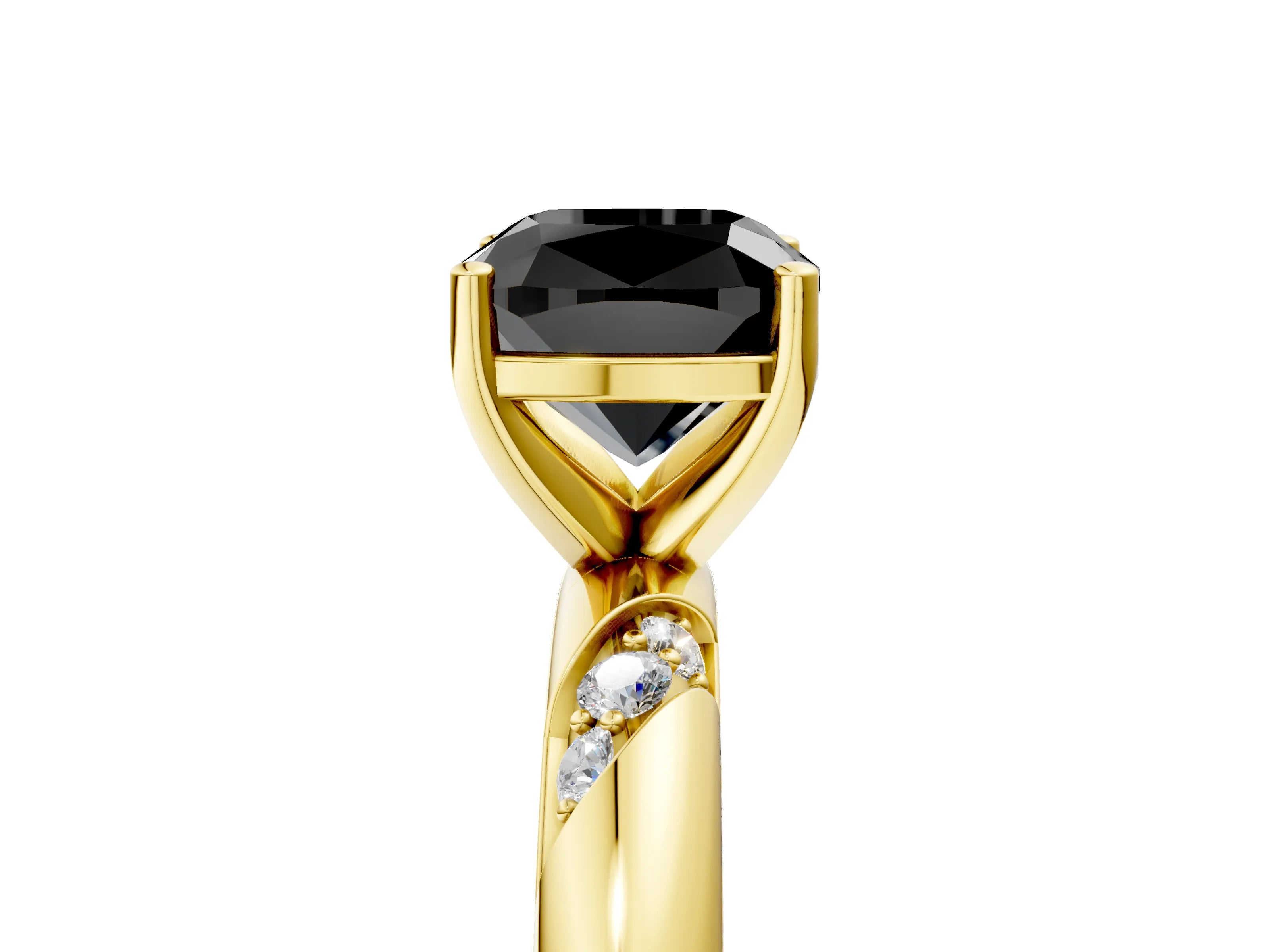 Yellow gold Fancy Black Cushion Cut Solitaire Diamond Engagement Ring with Twisted Pave Band and Four-Prong Setting_8