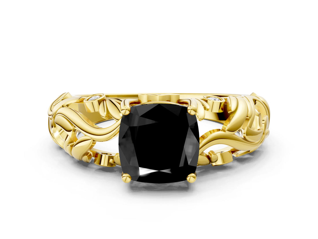 Yellow gold Fancy Black Cushion Cut Solitaire Diamond Leaf-Inspired Vine Band Ring with Prong Setting