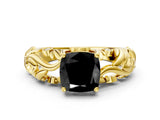 Yellow gold Fancy Black Cushion Cut Solitaire Diamond Leaf-Inspired Vine Band Ring with Prong Setting