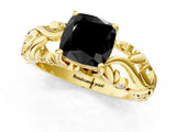 Yellow gold Fancy Black Cushion Cut Solitaire Diamond Leaf-Inspired Vine Band Ring with Prong Setting_1