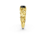 Yellow gold Fancy Black Cushion Cut Solitaire Diamond Leaf-Inspired Vine Band Ring with Prong Setting_2