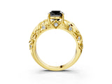 Yellow gold Fancy Black Cushion Cut Solitaire Diamond Leaf-Inspired Vine Band Ring with Prong Setting_3