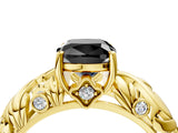 Yellow gold Fancy Black Cushion Cut Solitaire Diamond Leaf-Inspired Vine Band Ring with Prong Setting_4