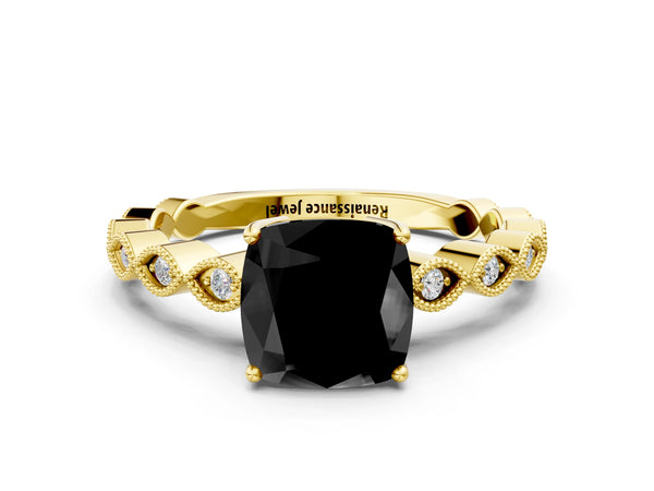 Yellow gold Fancy Black Cushion Cut Solitaire Diamond Ring with Infinity Twist Band and Four-Prong Setting