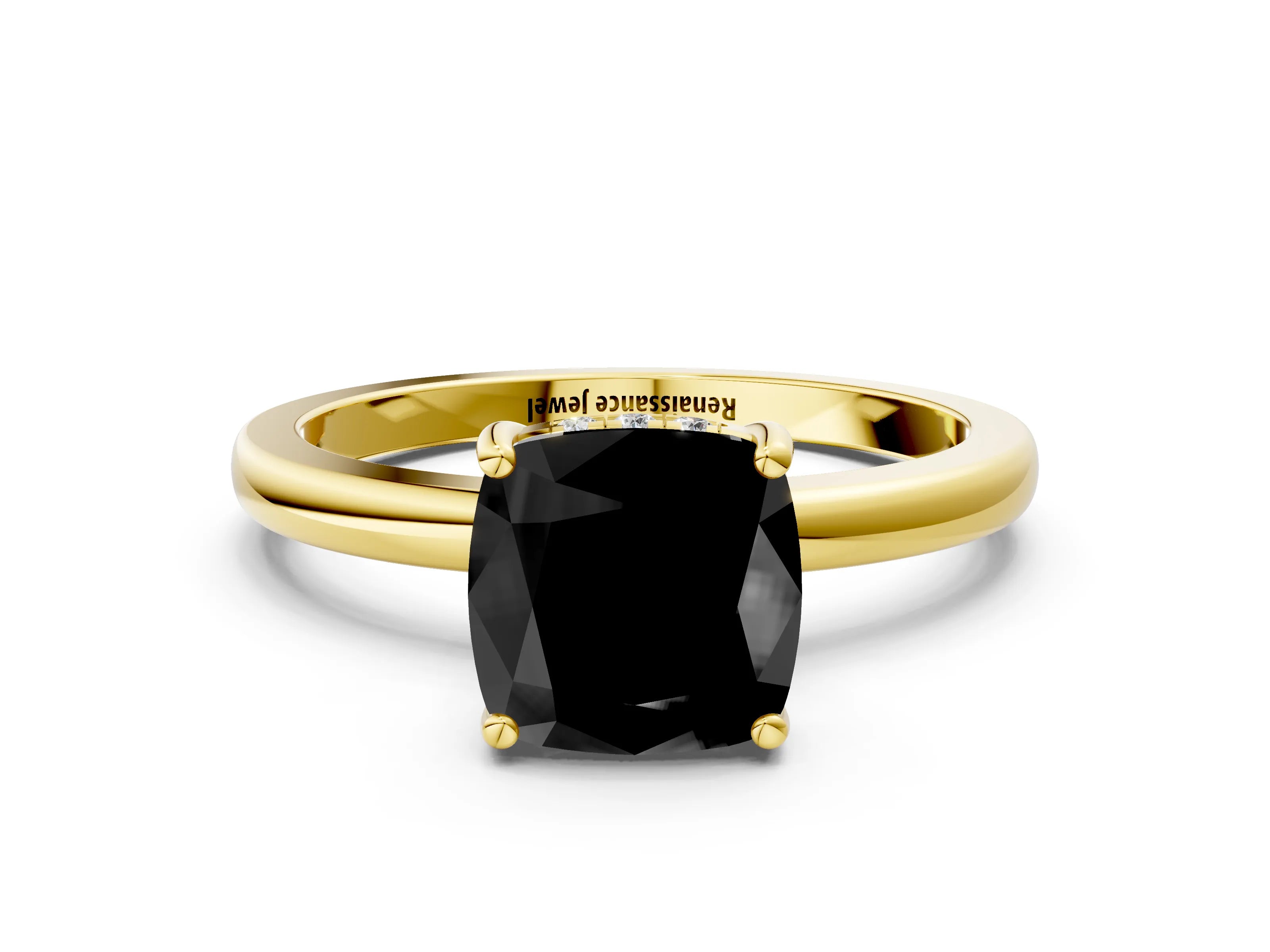 Yellow gold Fancy Black Cushion Cut Solitaire Diamond Ring with Prong Setting and Plain Band