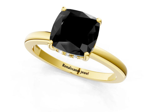 Yellow gold Fancy Black Cushion Cut Solitaire Diamond Ring with Prong Setting and Plain Band_1