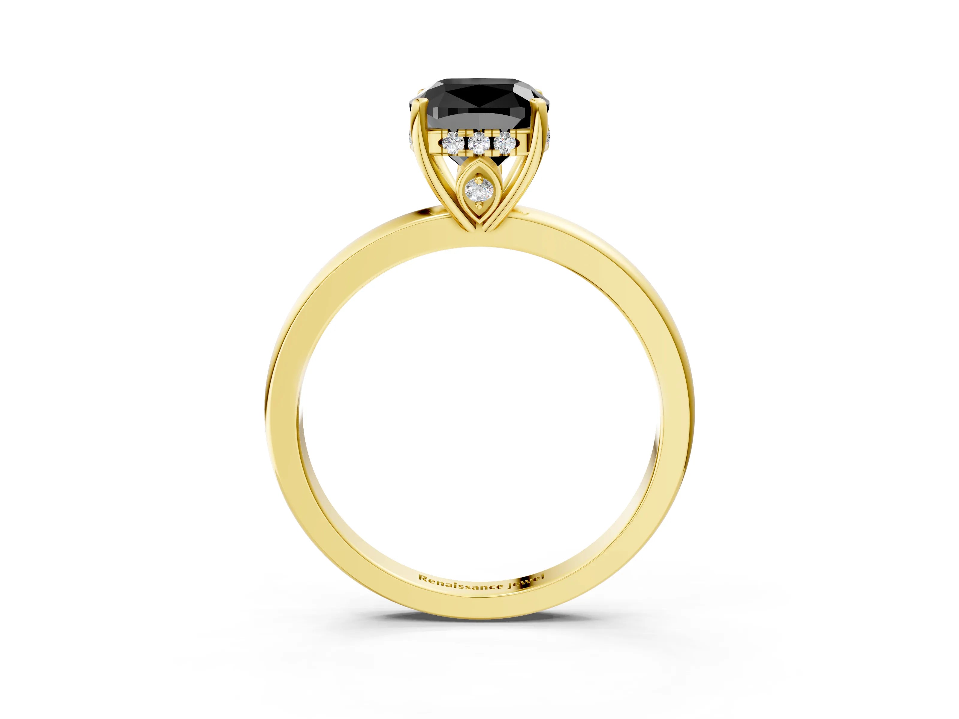 Yellow gold Fancy Black Cushion Cut Solitaire Diamond Ring with Prong Setting and Plain Band_3