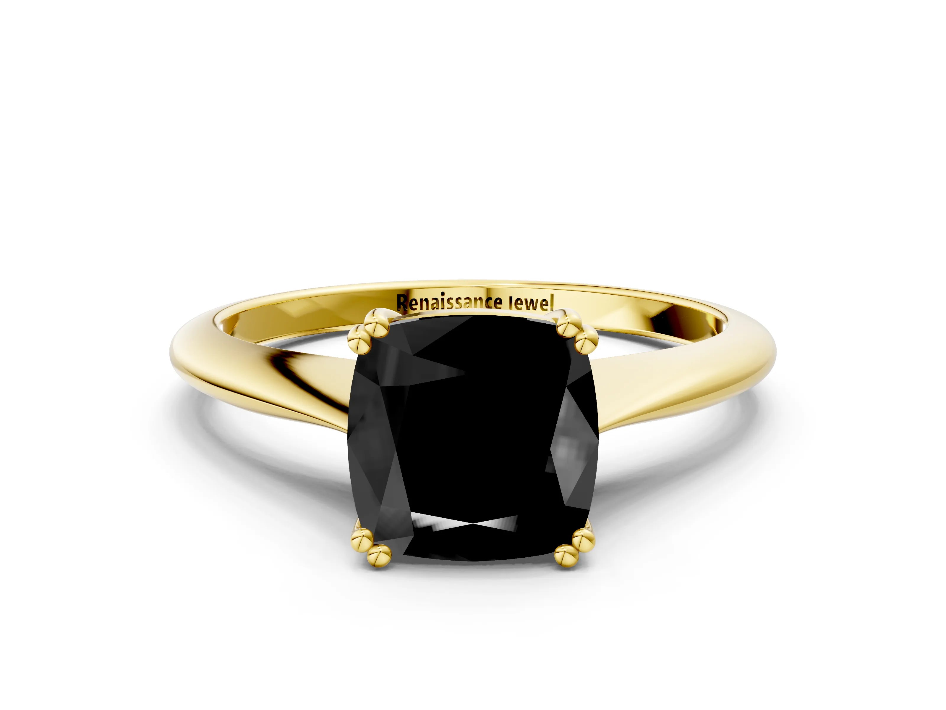 Yellow gold Fancy Black Cushion Cut Solitaire Diamond Ring with Six-Prong Setting and Classic Band