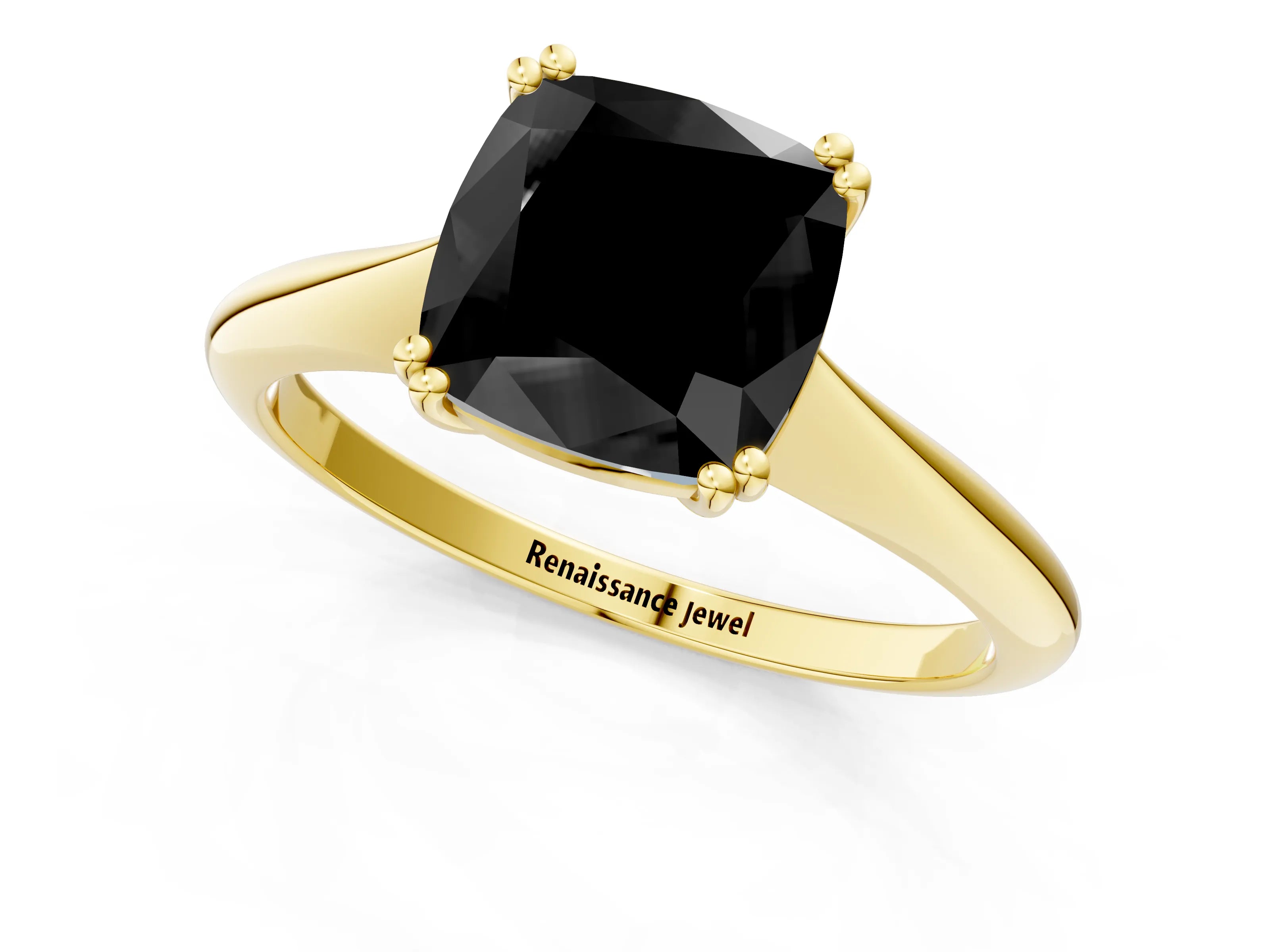 Yellow gold Fancy Black Cushion Cut Solitaire Diamond Ring with Six-Prong Setting and Classic Band_1